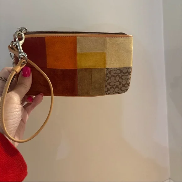 VINTAGE Coach Patchwork Suede Wristlet in Brown, Orange & Gold - Picture 3 of 15